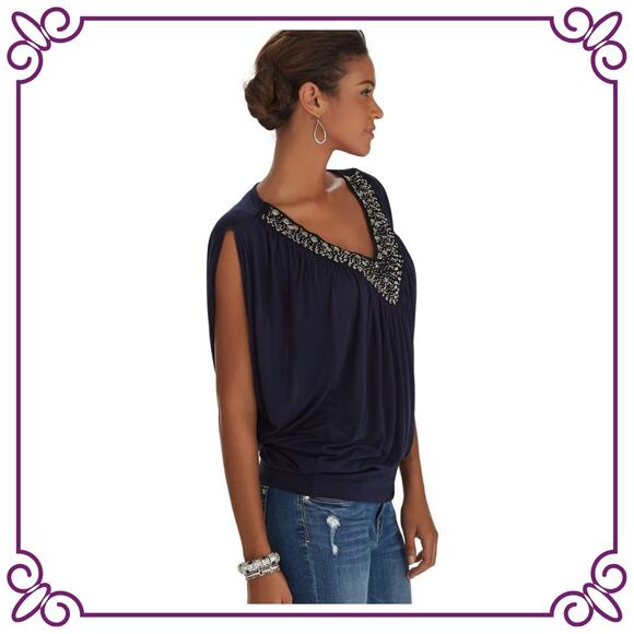 WHBM Embellished V Neck Blouson Top Batwing Sleeves Black Size SMALL - Picture 2 of 10